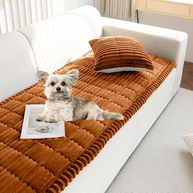 Faux Fur Plush Dog Couch Cover 3D Stripe Fuzzy Sofa Cover Non-Slip Fluffy Dog Bed Cover Pet Blanket Sofa Couch Furniture Protector for Puppy Large Dog Cat (Brown,28"x82")