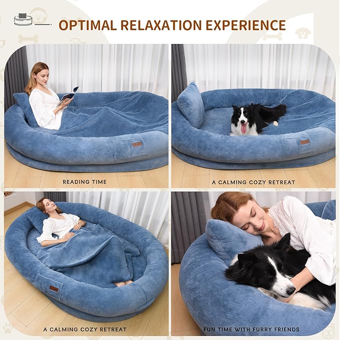Human Dog Bed for Adults, 71"x51"x12" Washable Orthopedic Size, Faux Fur Removable, Cozy Large Present with Blanket and Pillow, Grayish Blue
