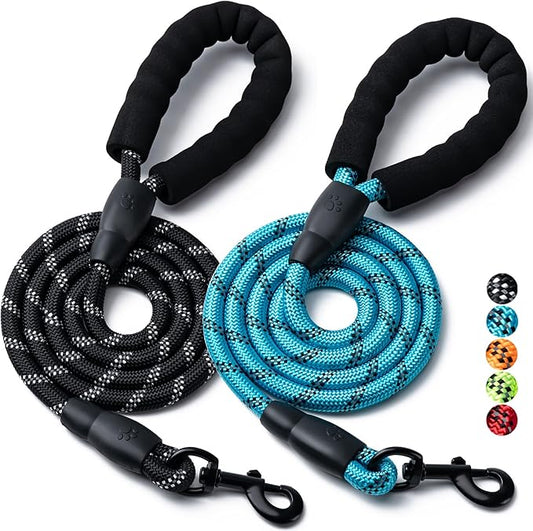 2 Pack Dog Leash, 4/5//6 FT Heavy Duty Nylon Rope Pet Leashes with Comfortable Padded Handle, Reflective Dog Leashes for Small Medium and Large Dogs (5FT-1/2,Black/Blue)