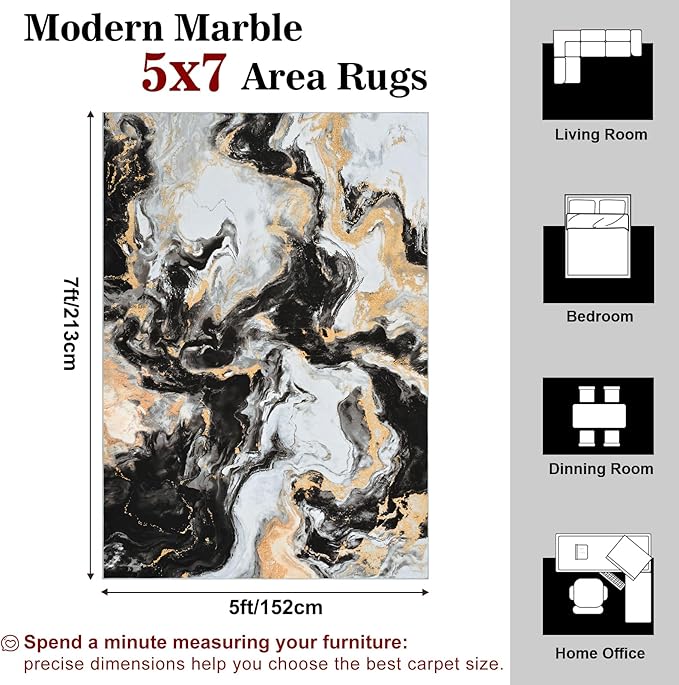 Yinhua Washable Rug 5x7, Marble Black and Gold Rugs Non Slip, Abstract Area Rugs Low Pile, Soft Faux Wool Modern Throw Rug Pet Friendly, Contemporary Floor Carpet for Living Room Bedroom Kitchen