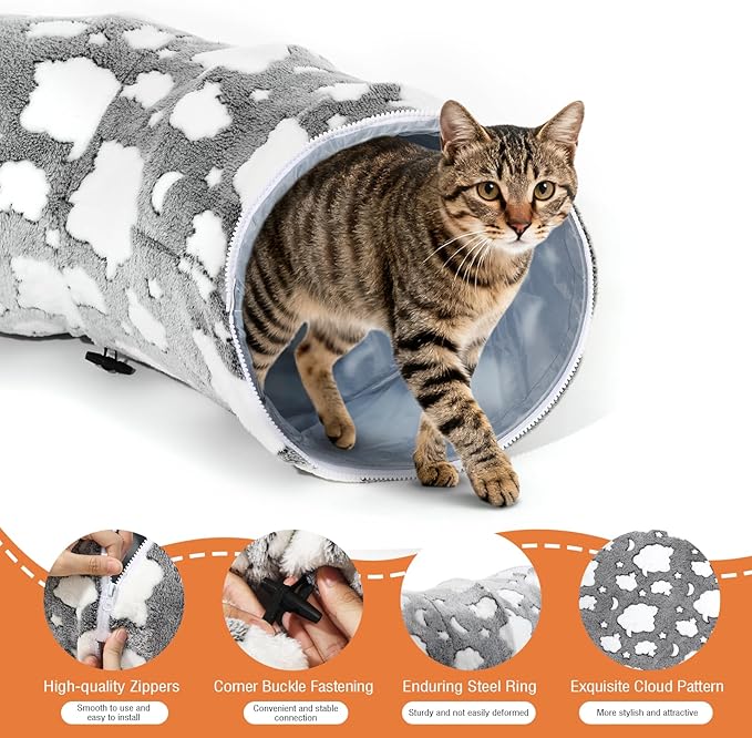 Cat Tunnels for Indoor Cats, 35'' Plush Cat Tunnel Bed with Playful Ball and Circle Cushion, Multifunctional Peekaboo Cat Cave, Interactive Toy Gift for Cats, Kittens, Rabbits, Gray&Cloud