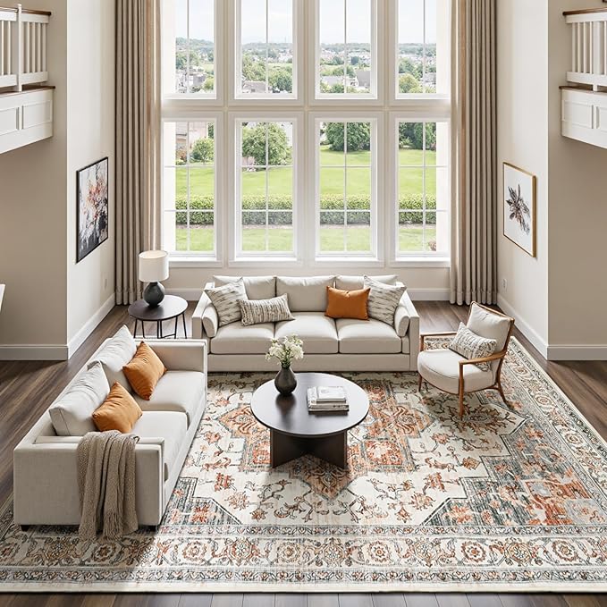 Lessymo 8×10 Area Rugs Washable for Living Room, Large Soft Indoor Rug Non-Slip for Bedroom Kitchen Dining Room Dorm Nursery, Vintage Boho Carpet Stain Resistant for Office Home Decor, Orange/White