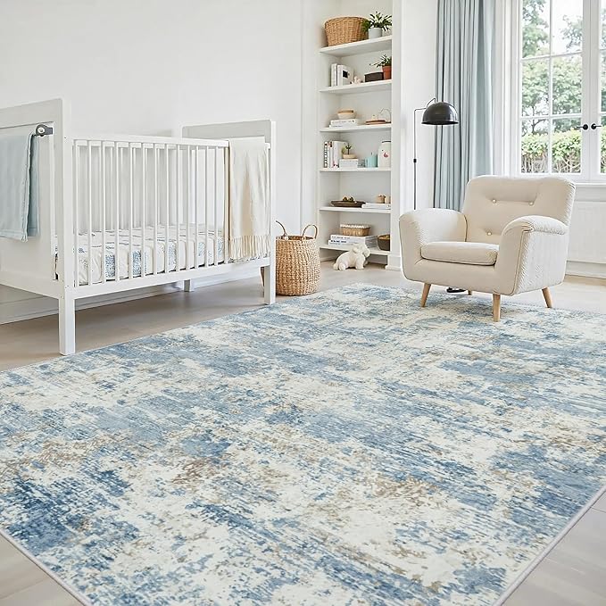5x7 Area Rugs Living Room Rug Modern Abstract Neutral Washable Rugs Non Slip Soft Carpet Large Area Rug Low Pile Stain Resistant Non Shedding for Bedroom Nursery Dining Room Home Office Blue