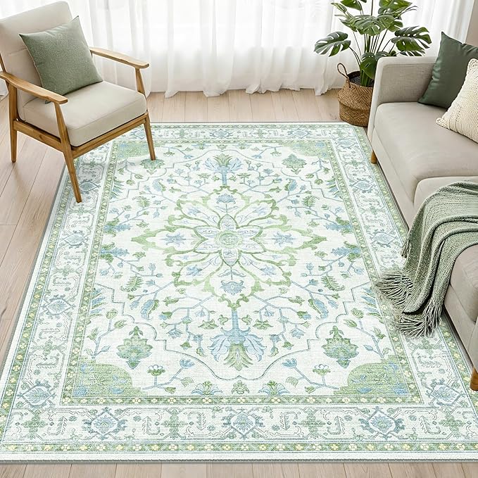 Area Rugs 8'x10' Washable Non-Slip, Floral Vintage Distress Print Pattern Medallion Carpet for Living Room Bedroom Dining Room, Green White Blue