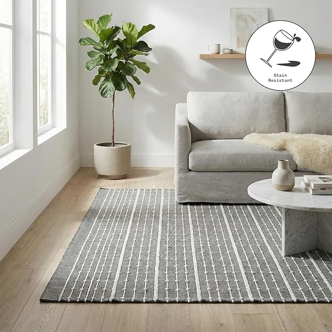 Fab Habitat Machine Washable Area Rug - Hand Woven, Stain Resistant, Pet Friendly - Premium Recycled Polyester Yarn - Stripes - Kitchen, Bathroom - Portland - Charcoal & White - 2 x 3 ft