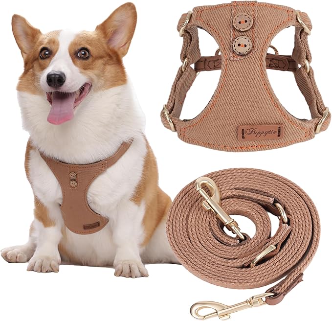 Puppytie No Pull Dog Harness with Multifunction Dog Leash, Soft Adjustable, Escape Proof, Classic Style, Khaki Camel, S