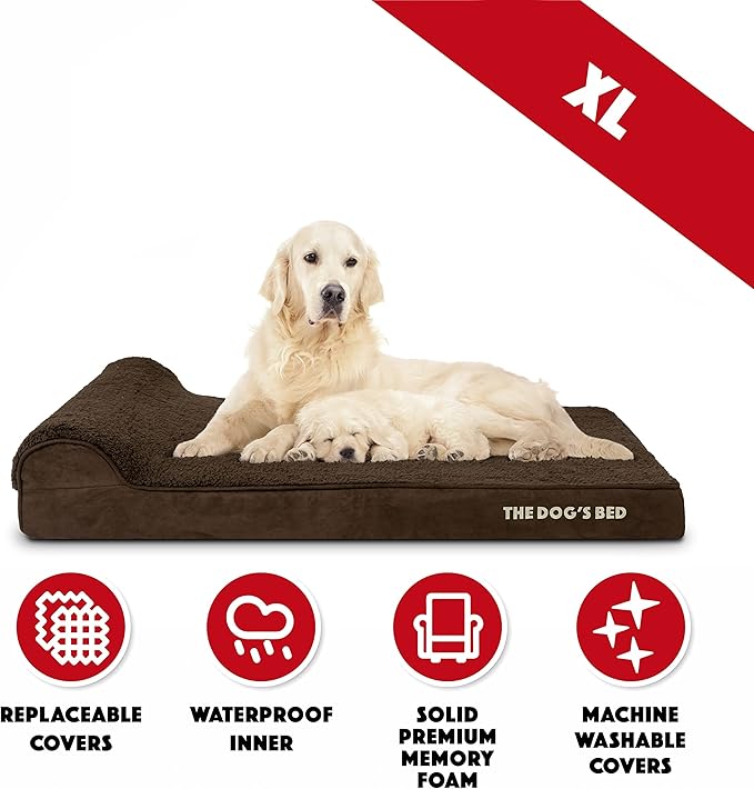 The Dog’s Bed Orthopedic Memory Foam Dog Bed with Headrest, Plush Fabric, Brown Plush, XL, 4-Inch
