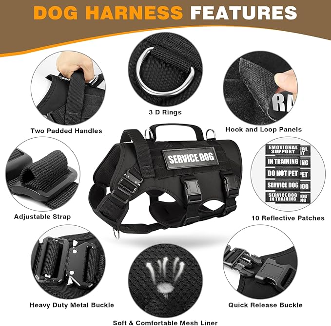 WINSEE Service Dog Vest Harness for Large Dog, Tactical Working MOLLE Vest with 10 Pet Patches, No Pull Heavy Duty Harness for Training Hunting Walking