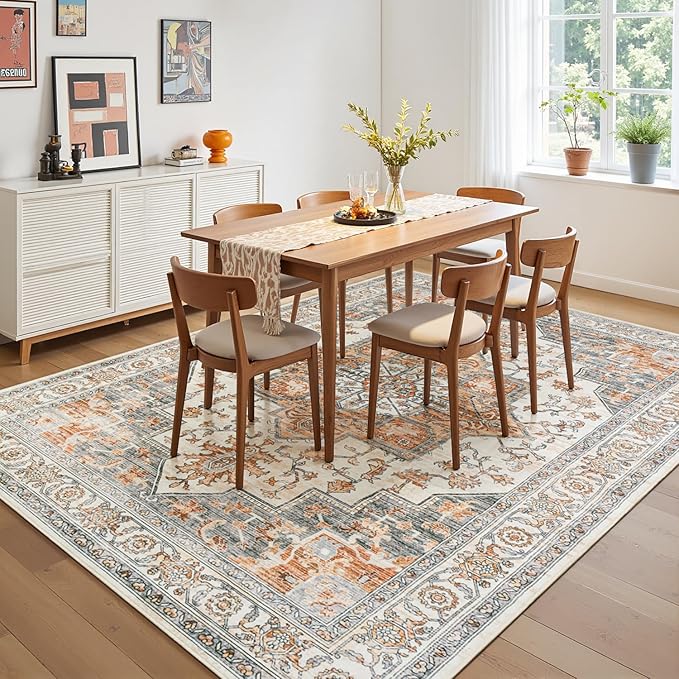 Lessymo 9×12 Area Rugs Washable for Living Room, Large Soft Indoor Rug Non-Slip for Bedroom Kitchen Dining Room Dorm Nursery, Vintage Boho Carpet Stain Resistant for Office Home Decor, Orange/White
