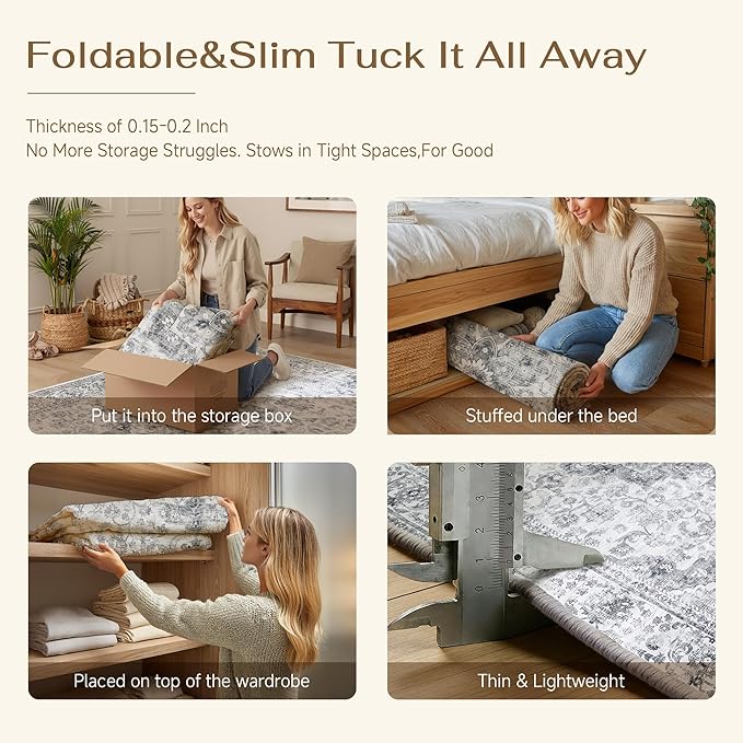 HUGEAR Washable 2x3 Entryway Area Rugs Retro Grey Small Vintage Distressed Non Slip Stain Resistant Low Pile Neutral Throw Carpet for Bedside Kitchen Entryway Home Decor