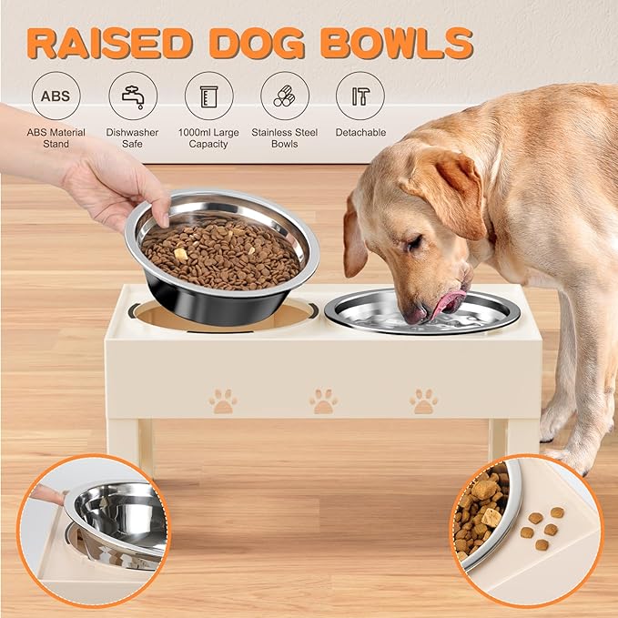 Elevated Dog Bowls with 2 Stainless Steel Bowls, Raised Dog Food Bowl Stand 5 Height Adjustable (3.1", 9", 10", 11", 12") Non-Slip Feeder Set for Medium and Large Dogs - Apricot