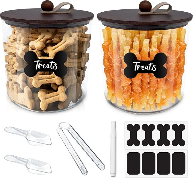 2 Pack Airtight Dog Food Storage Container,Dog Treat Container Dog Treat Jar with Wood Lids 6x5'',Pet Food Storage Container,Cat Food Container with Scoops,Food Tong,Labels,Pen