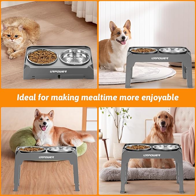URPOWER 4 Height Adjustable Elevated Dog Bowls - 50oz Large Capacity Stainless Steel Bowls, No-Spill Edge, Non-Slip Stand for Small, Medium, Large Dogs & Pets