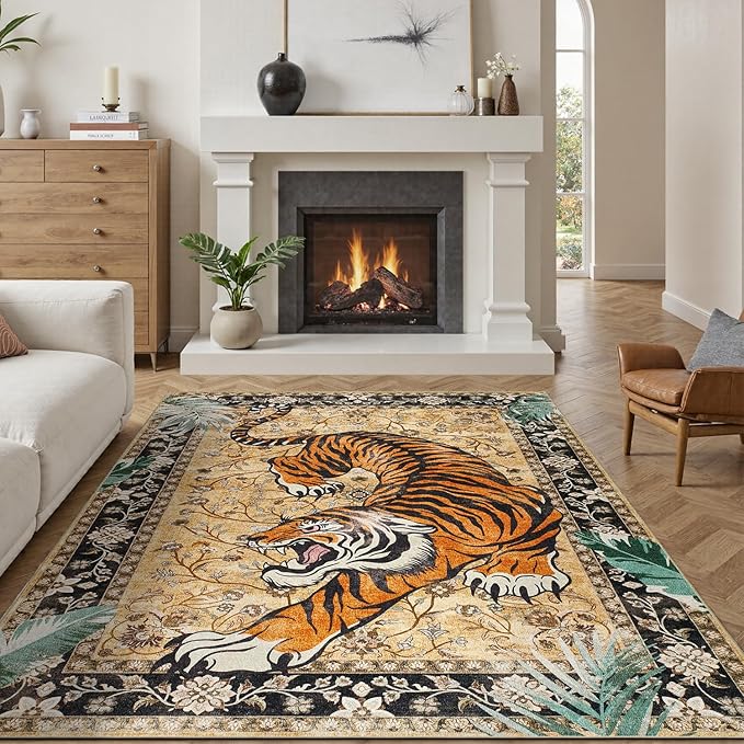 DCX Washable 4x6 Tiger Rug, Brown Vintage Animal Rug for Living Room, Soft Low Pile Carpet, Kid & Pet Friendly with Rubber Back Non Slip, Stain Resistant Rug for Bedroom Dining Room Office
