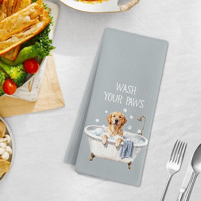 Funny Golden Retriever Hand Towels for Bathroom, Dog Lovers Gifts Hand Towels, Wash Your Paws Dish Tea Towel for Kitchen Bathroom Decor, Golden Retriever Gifts for Women Men, 16x24 Inch