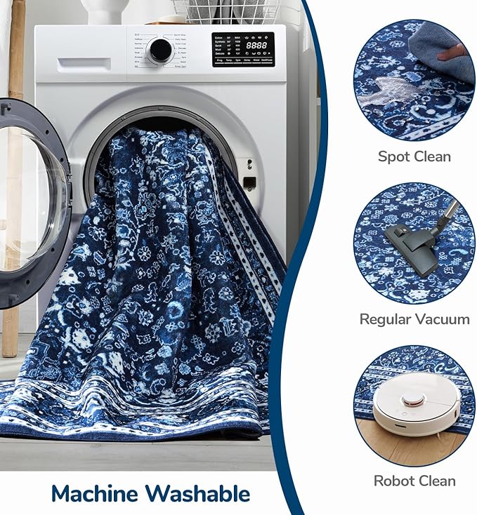Lessymo 2 x 3 Entryway Rug - Machine Washable Area Rugs Boho Faux Wool Low Pile Area Rug for Bedroom, Floral Medallion Vintage Outdoor Rugs with Non-Slip Rubber,Blue White