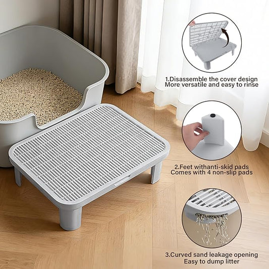 Adjustable Cat Step Ramp, Double Layer Litter Box Step with Filter Function, Replaceable Feet, Elevated Litter Box Ramp for Elderly Cats Easy Cleaning Cat Catcher for Floor Indoor (Grey)