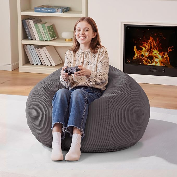 Homguava 2.5FT Bean Bag Chair,Teardrop Bean Bags Small Beanbag Chair with Memory Foam Filled and Ultra Soft Corduroy Cover for Living Room, Bedroom (Grey)