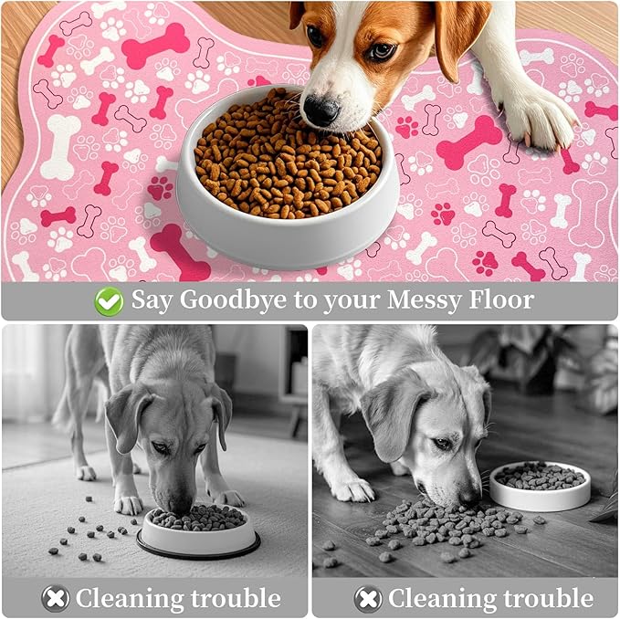 Dog & Cat Food Mat Bone Shaped Pet Feeding Mat Quick Absorb Water Bowl Placemat with Rubber Backing Indoor Floor Stain Resistant Pet Accessory Supplies (Light Pink, 17x29 Inches)