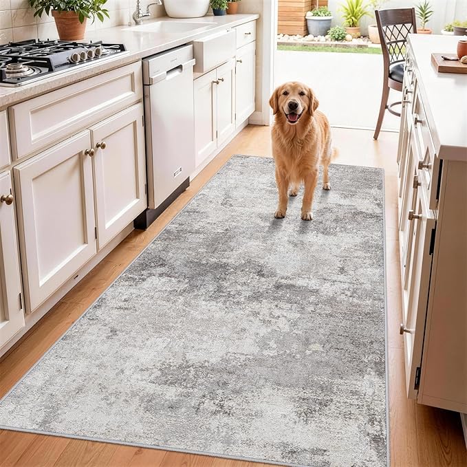Abstract Runner Rugs 3x6 Washable Rug Non-Slip Hallway Carpet - Modern Neutral Kitchen Runners for Entryway, Bedroom, Laundry Room - Soft Low Pile Floor Mat 3x6 Grey