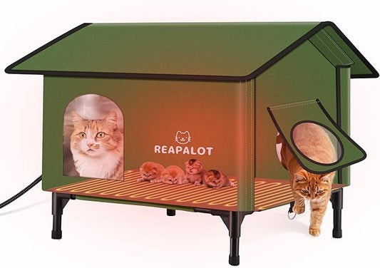 REAPALOT Heated Cat House for Outside Cat in Winter, Insulated Outdoor Feral Cat Shelter with Cat Heating Pad, Elevated Heated Kitty House for Multiple Cats (Green, L(24.4"x16.9"x24.4"))