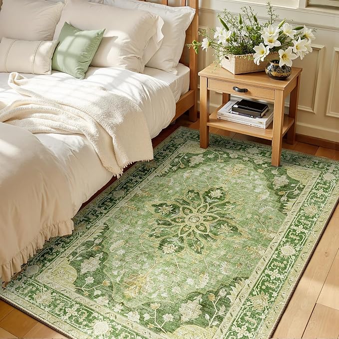 Area Rugs 3'x5' Washable Non-Slip, Floral Vintage Distress Print Pattern Medallion Carpet for Living Room Bedroom Dining Room, Sage Green Yellow