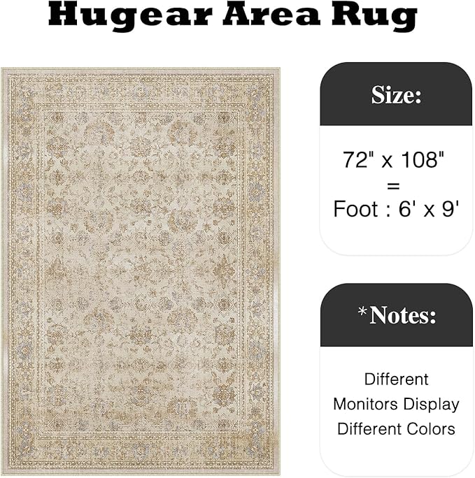 HUGEAR 6x9 Area Rug Beige Vintage Machine Washable Living Room Retro Rugs Distressed Floral Vacuumable Low Pile Carpet Bedroom Office Dining Room Laundry Room Non Slip Soft Lightweight