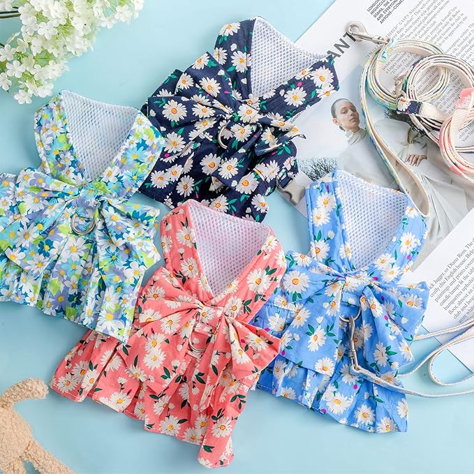 Sanwuta 4 Pack Harness Dog Dress Bowknot Leash Set Floral Princess Dog Harness Dress Vest with Leash Pet Doggy Outfits for Outdoor Walking, 4 Colors(Medium)