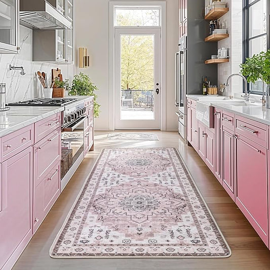 LBRO2M Boho Runner Rug 2X6 Hallway Rug Non Slip Washable Runners for Hallways, Bedroom, Kitchen Laundry Room Pet Friendly Area Rugs (2X6, Light Pink)