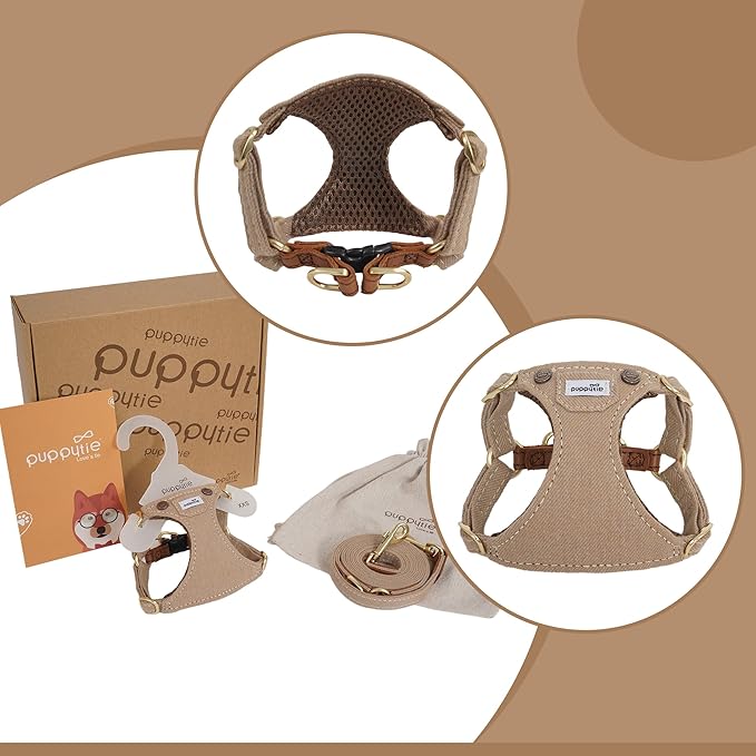 Puppytie No Pull Dog Harness with Multifunction Dog Leash,Soft Adjustable No Choke Escape Proof Pet Harness Vest for Medium Dogs,Denim Mocha Brown,M