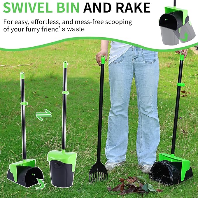 Pooper Scooper Large Swivel Bin & Rake with 160 Waste Bags,Heavy Duty Dog Pooper Scooper with Bag Attachment for Dogs, Long Handle Poop Scooper with Lid for Yard, Grass, Gravel(Green)