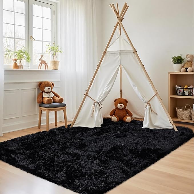 4x6 Area Rug for Living Room: Ultra Soft Fluffy Rug Modern Large Thicked Shag Rug for Bedroom Non Slip Indoor Fuzzy Carpets for Girls Kids Room Nursery Dorm Home Decor Black