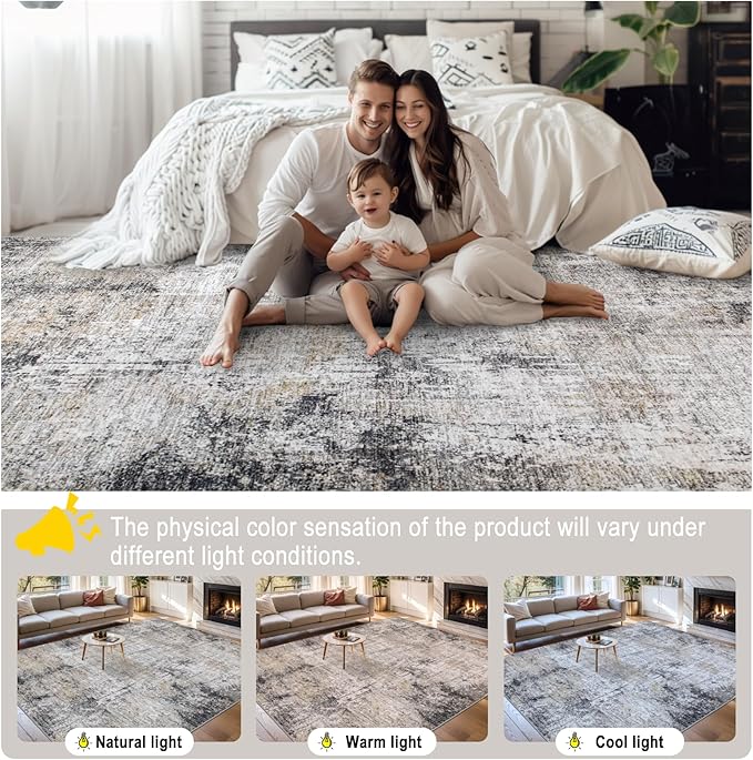 Area Rugs 10x14 Living Room - Washable Rug Modern Abstract Soft Large Neutral Non-Slip Carpet Indoor Floor Thin Carpets for Bedroom Dining Room Farmhouse Nursery Home Office Brown Black Grey