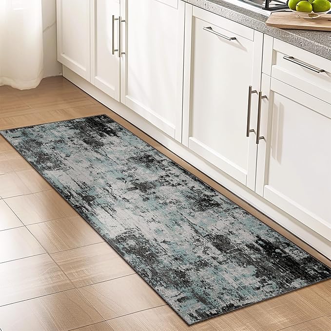Washable Area Rugs 2'x6' Non-Slip Modern Abstract Soft for Living Room Entryway Bedroom Nursery, Print Pattern, Blue Black Teal