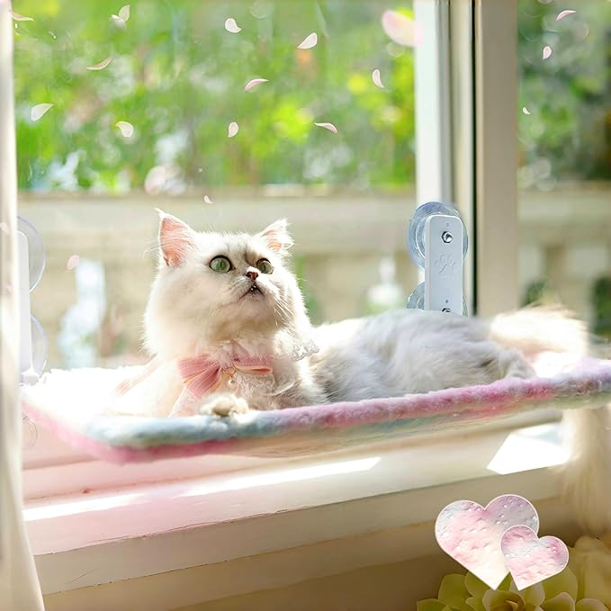 Foldable Cat Window Perch, Sturdy Cat Hammock with Strong Suction Cups for Large Cats, Cordless, Gradient Color Shiny Fabric, Cute Pet Seat Bed for Cats Indoor with Movable Toy Hooks (Large)