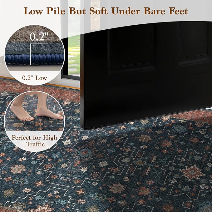 LBRO2M Distressed Washable Rugs 9X12 Area Rug for Living Room for Bedroom Dining Room Non Slip Farmhouse Rugs Easy Clean, Stain Resistant Carpet Great for Pets and Kids (9'X12' Distressed Blue)