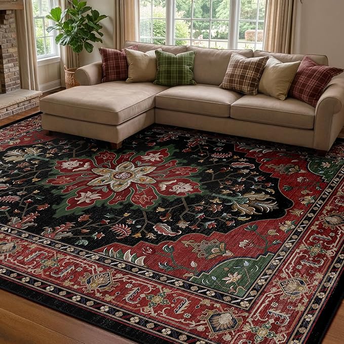Area Rugs 8'x10' Washable Non-Slip, Floral Vintage Distress Print Pattern Medallion Carpet for Living Room Bedroom Dining Room, Red Black