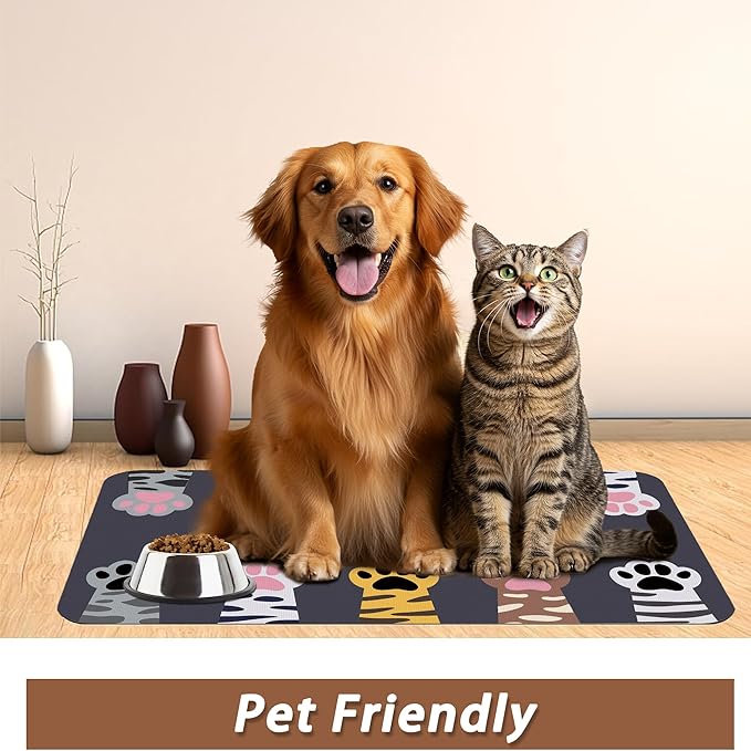 Cute Cat Paw Print Dog Food Mat for Floors,Absorbent Pet Food and Water Bowl Mats,Non-Slip Pet Feeding Mat,Pet Supplies 12" x 20"