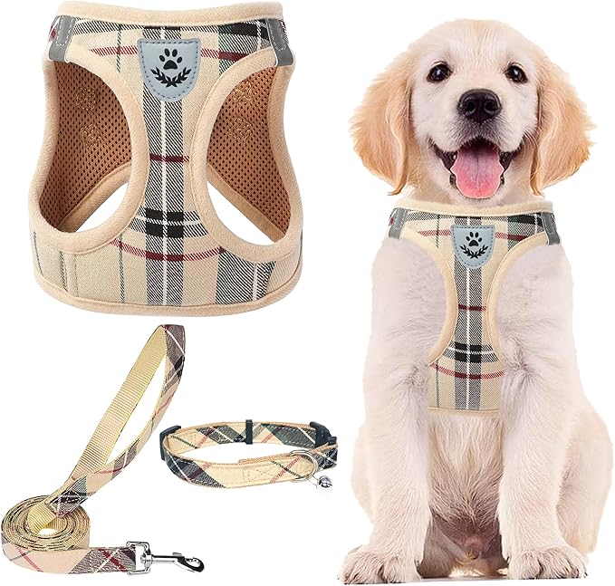 PUPTECK Adjustable Dog Harness Collar and Leash Set Step in No Pull Pet Harness for Small Medium Dogs Puppy and Cats Outdoor Walking Running, Soft Mesh Padded Reflective Vest Harnesses, Beige XXS