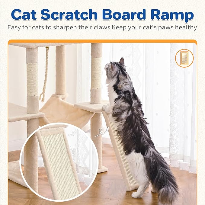 Cat Tree Tower 63in Multi-Level Cat Tower for Indoor Cats with Sisal Scratching Posts, Condo, Hammock, Dangling Ball and Extended Platform for Cats to Play, Beige
