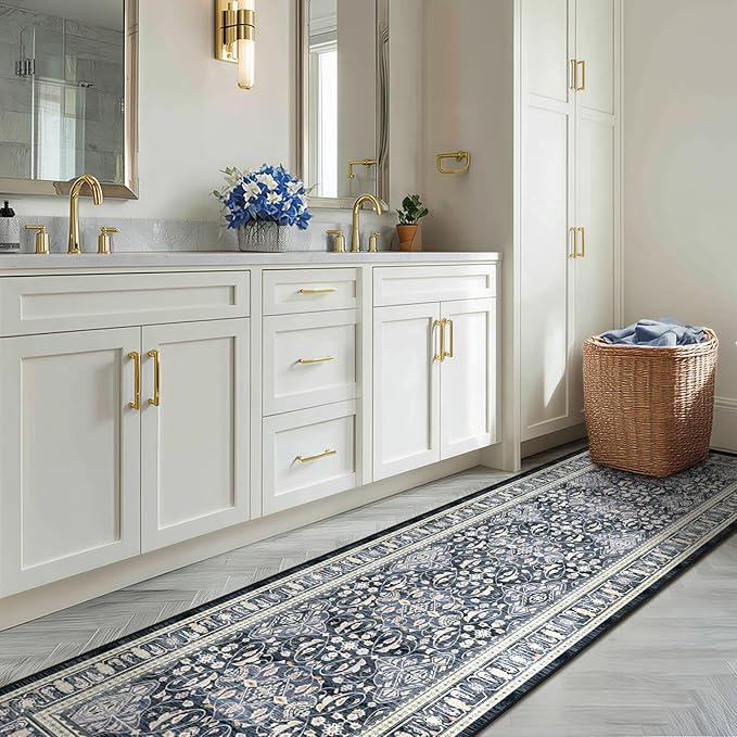 Dark Blue 3x8 Hallway Runner Rug, Kitchen Runners Non Skid Washable 8 ft, Washable Non Slip Ultra Thin Carpet Runner for Entryway Corridor Mudroom Bathroom, Transitional Moroccan Floral Trellis