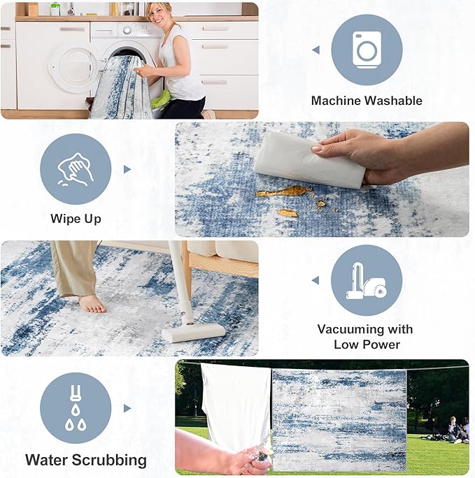 6x9 Area Rugs for Living Room - Washable Rug Modern Abstract Soft Large Neutral Non-Slip Carpet Indoor Floor Thin Carpets for Bedroom Dining Room Farmhouse Nursery Home Office White Blue Grey