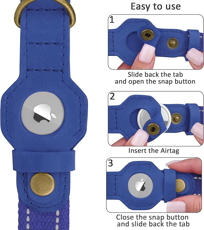 Reflective Leather Dog Collar with AirTag Holder - Soft Apple Airtag Dog Collar with Metal Buckle - Safety Cotton Pet Collars for Dogs Small Large Dogs Puppy (Blue, L, 17"-21")