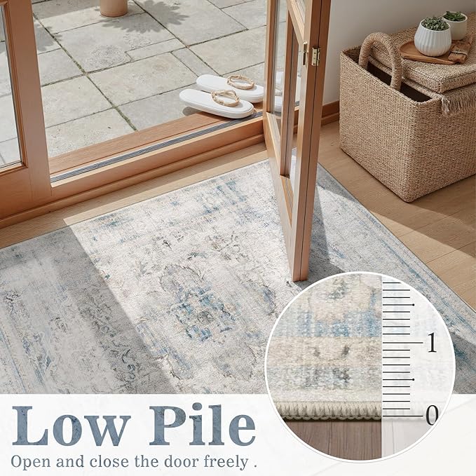 DCX 4x6 Haze Blue Rug, Machine Washable Stain Resistant Distressed Vintage Rug, Kid & Pet Friendly with Rubber Back Non Slip Soft Low Pile Large Carpet for Living Room, Bedroom, Home Office