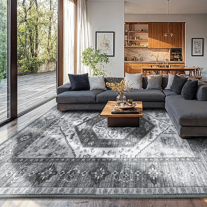 LBRO2M Boho Area Rug 9X12 Washable Rugs for Bedroom Low Piles Indoor Carpet, Non Slip Soft Rugs for Living Room, Dining Room, Dark Gray Rug Foldable Pet Friendly Area Rugs (9'X12' Dark Gray)