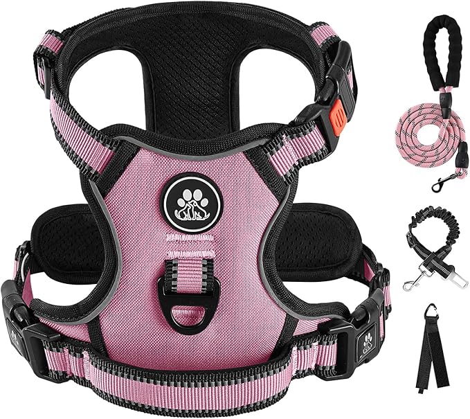 IVY&LANE No Pull Dog Harness for Large Dogs, Reflective Dog Vest Harness with Leash, Safety Belt and Storage Strap, Fully Adjustable Harness with Soft Handle (Pink, L)