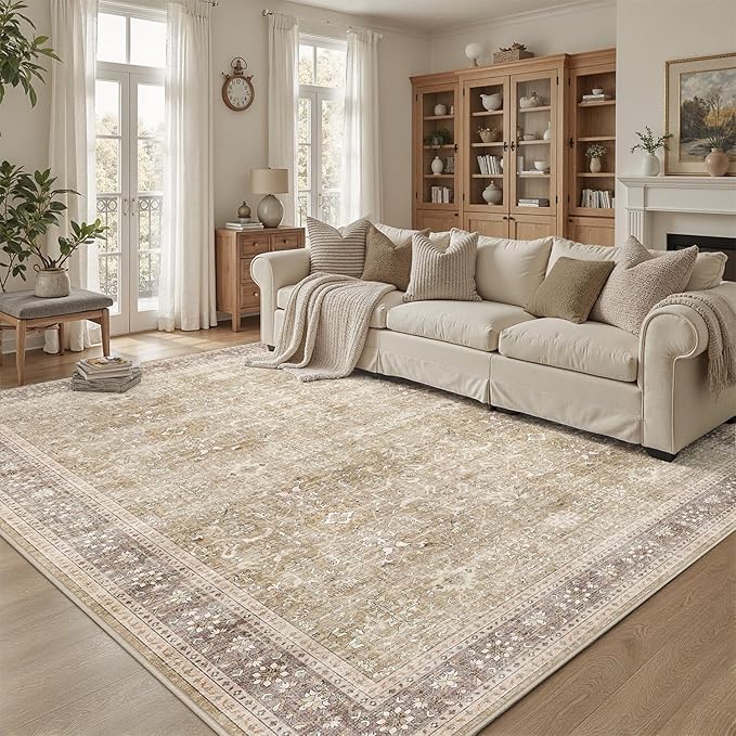 DCX Beige and Taupe 4x6 Rug, Kid & Pet Friendly with Rubber Back Non Slip, Machine Washable Stain Resistant Vintage Traditional Distressed Carpet, Rug for Living Room, Bedroom, Neutral Home Decor