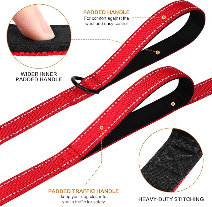 Joytale Dog Leash Heavy Duty for Large Dogs That Pull, Double Handle for Traffic Control, Double-Sided Reflective Leashes for Large Medium Dogs Night Safety, 6FT, Red