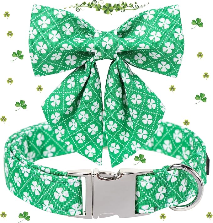 Maca Bates St. Patrick's Day Shamrock Dog Collar,Sailor Bow,Extra Small Girl Boy Dogs, Checkered Lucky Clover Pattern,Adjustable Durable Soft Checkered Collars Irish Gift for Male Female Puppy