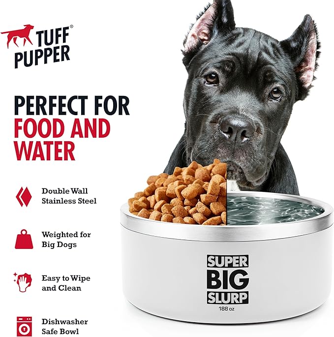 Tuff Pupper Heavy Duty Insulated Dog Bowl | Double Wall Stainless Steel Dog Food Dish | Non-Slip Spill Proof Dishwasher Safe Cat Bowl | Water Dish for Feeding Large Medium Small Pets (188oz, White)